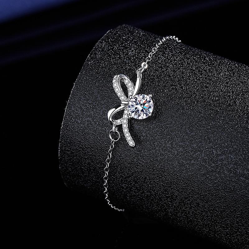 Moissanite Clavicle Chain: French Luxe Bow Bracelet for Women