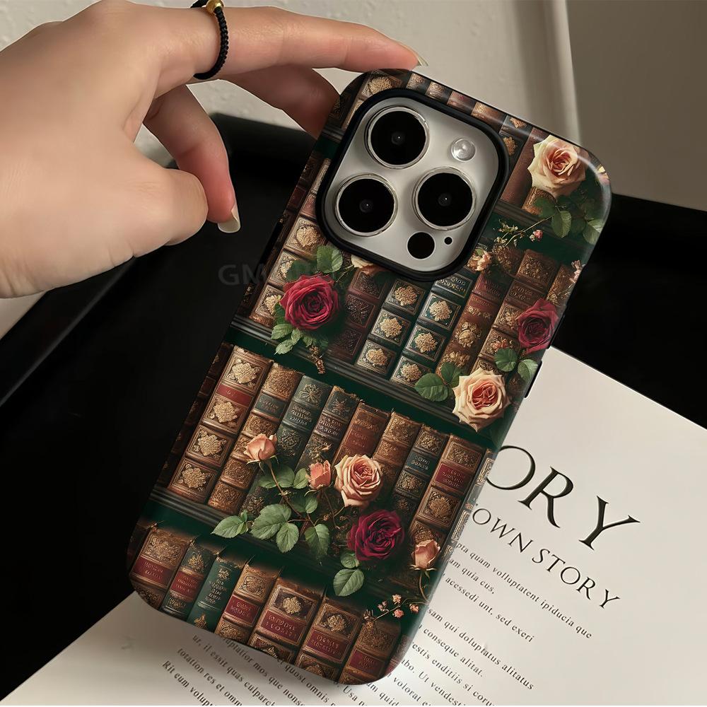 Processed literary and artistic fan retro rose bookshelf flower apple 16 magnetic mobile phone case iPhone17 protective case