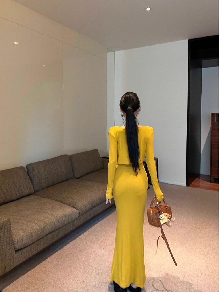 Pure Desire Yellow Camisole Dress & Slimming Cardigan Fishtail Skirt - New Spring/Autumn Arrival