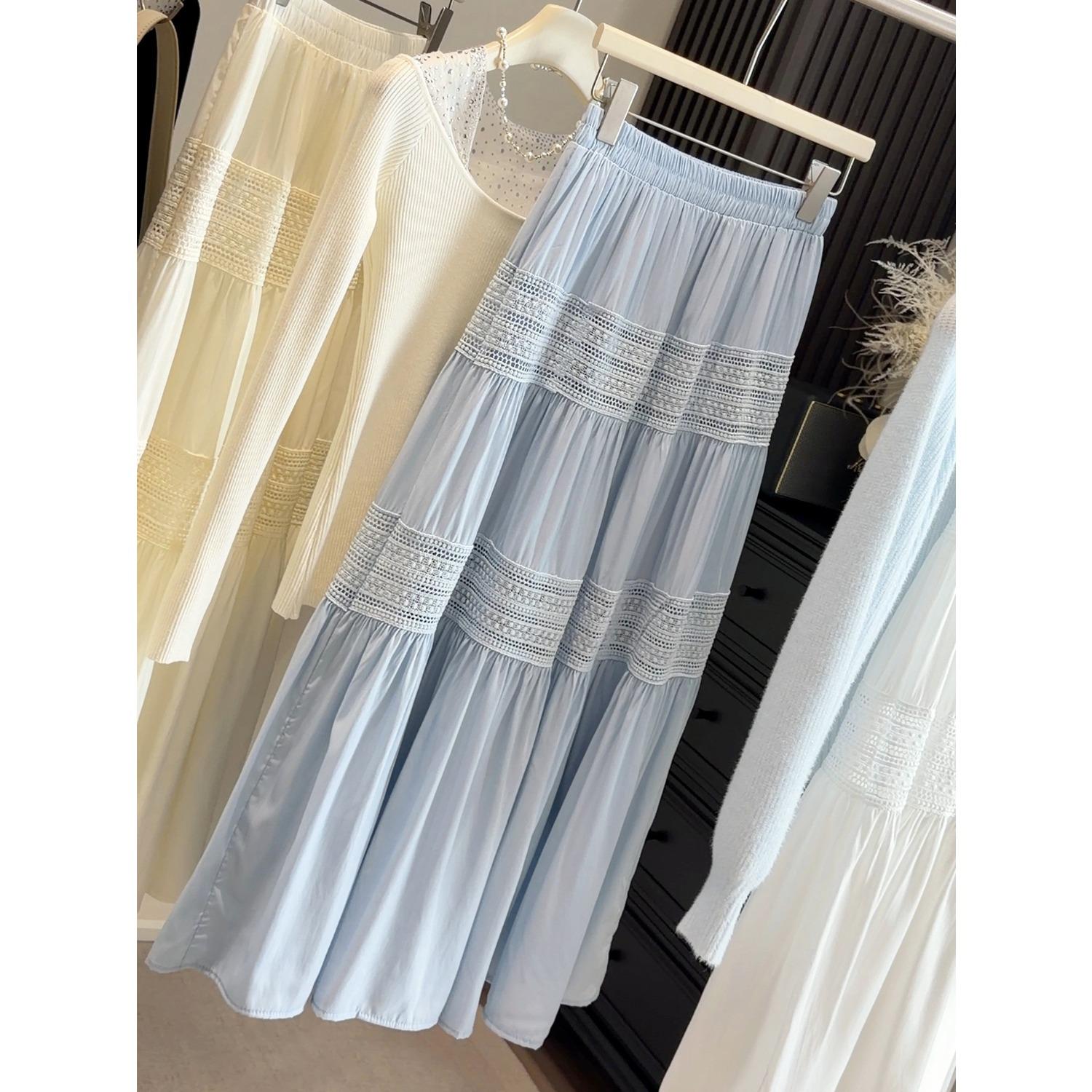 Women s High Waist A-Line Midi Skirt Lace Hollow Out Flowy Tiered Long Skirt One size fits all синий