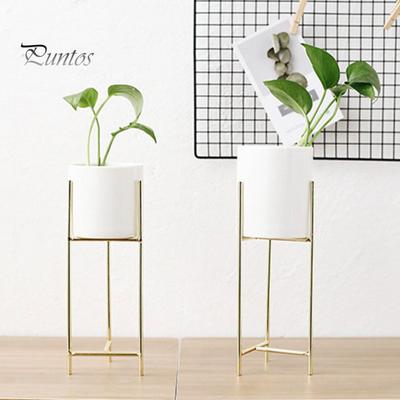 1 Set Flower Pot Stylish Iron Frame Flower Stand Elegant Ceramic Flowerpot for Home Office Room Decoration