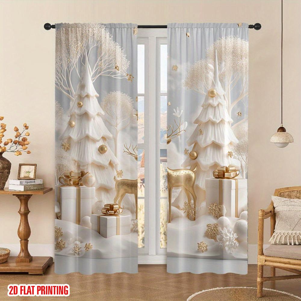 

Christmas Holiday Magic Print Curtains Gold White Winter Scene Design Living Room Bedroom Kitchen Office Curtain Set Of 2 Made Polyester Washable Area W100*H70(CM)-Grommet top&1PCS