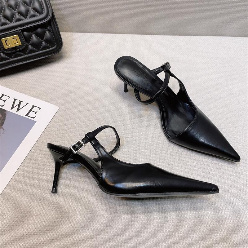 2025 Spring New French High Heels Women's Design Sense Niche Temperament Muse Fan Thin Heel Pointed Head Bag Head Sandals