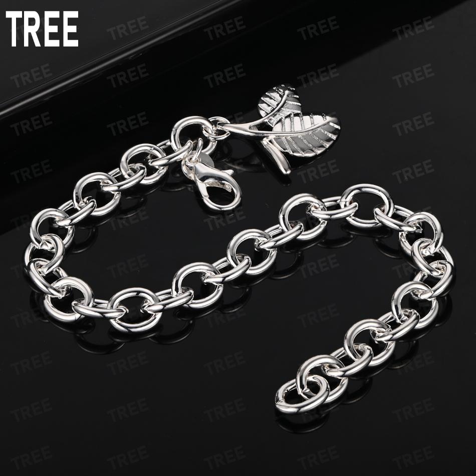 925 Sterling Silver Charming Side Chain Double Leaf Bracelet Gift Jewelry