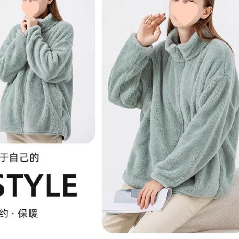 Autumn and Winter Double-sided Velvet Warm Short Coat for Women's New Loose Solid Color Stand-up Neck Cardigan Sweater Fleece for Women