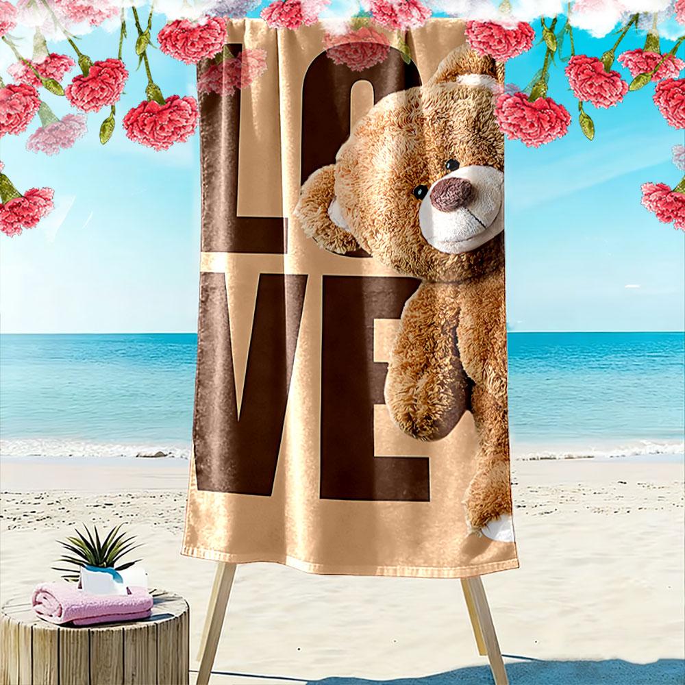 Teddy Bear with Love Text Print Beach Towel Quick-drying for Travel Outdoor Sports Jogging Beach and Swimming