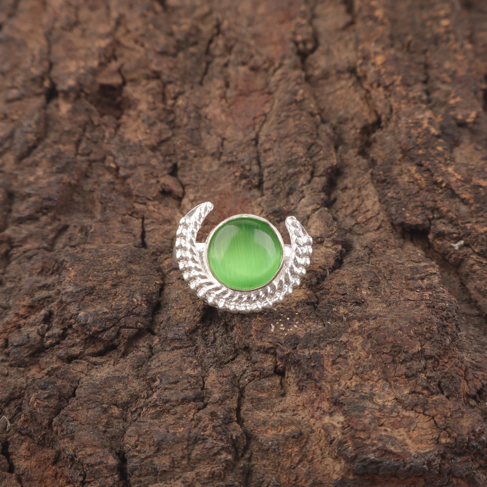 

Круглый зеленый камень «кошачий глаз» Заявление Подарок для мамы Бохо кольцо Стерлинговое серебро RR-48-40 15