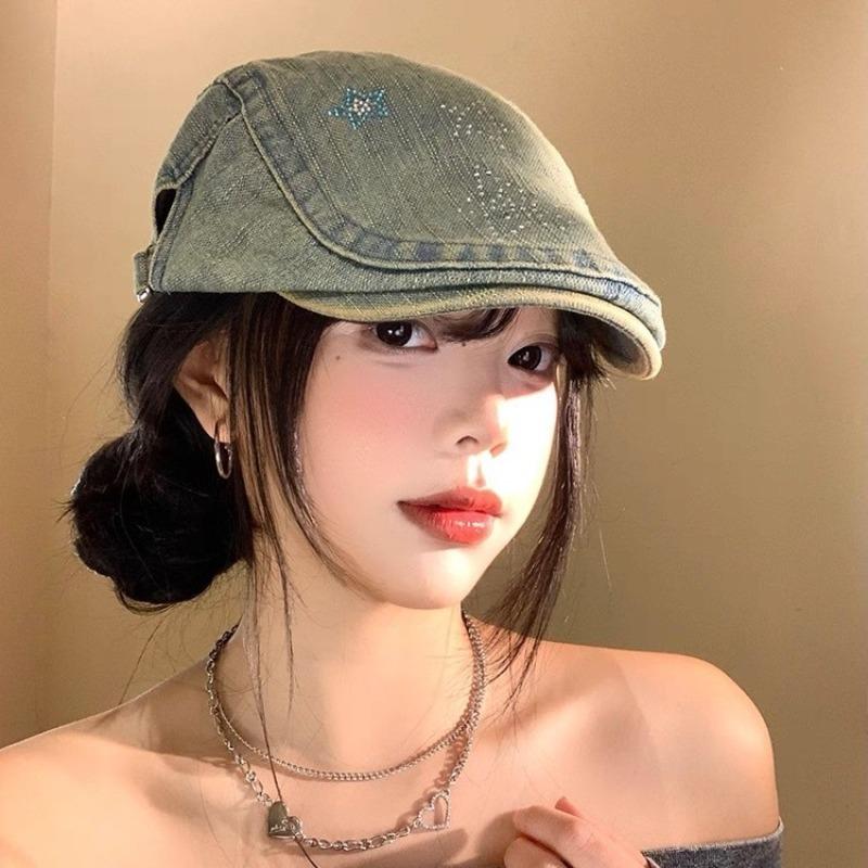 25 Early autumn new pentagram rhinestone denim forward hat big head circumference showing face small beret