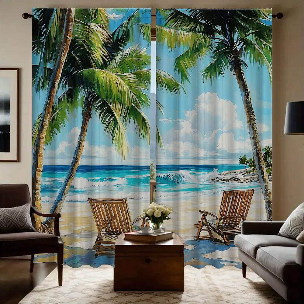 

2PC Home Coconut Tree Sea View Curtains With Landscape Background And Pole Pocket Curtains, Kitchen, Coffee Shop, Living Room, B 75x166cm