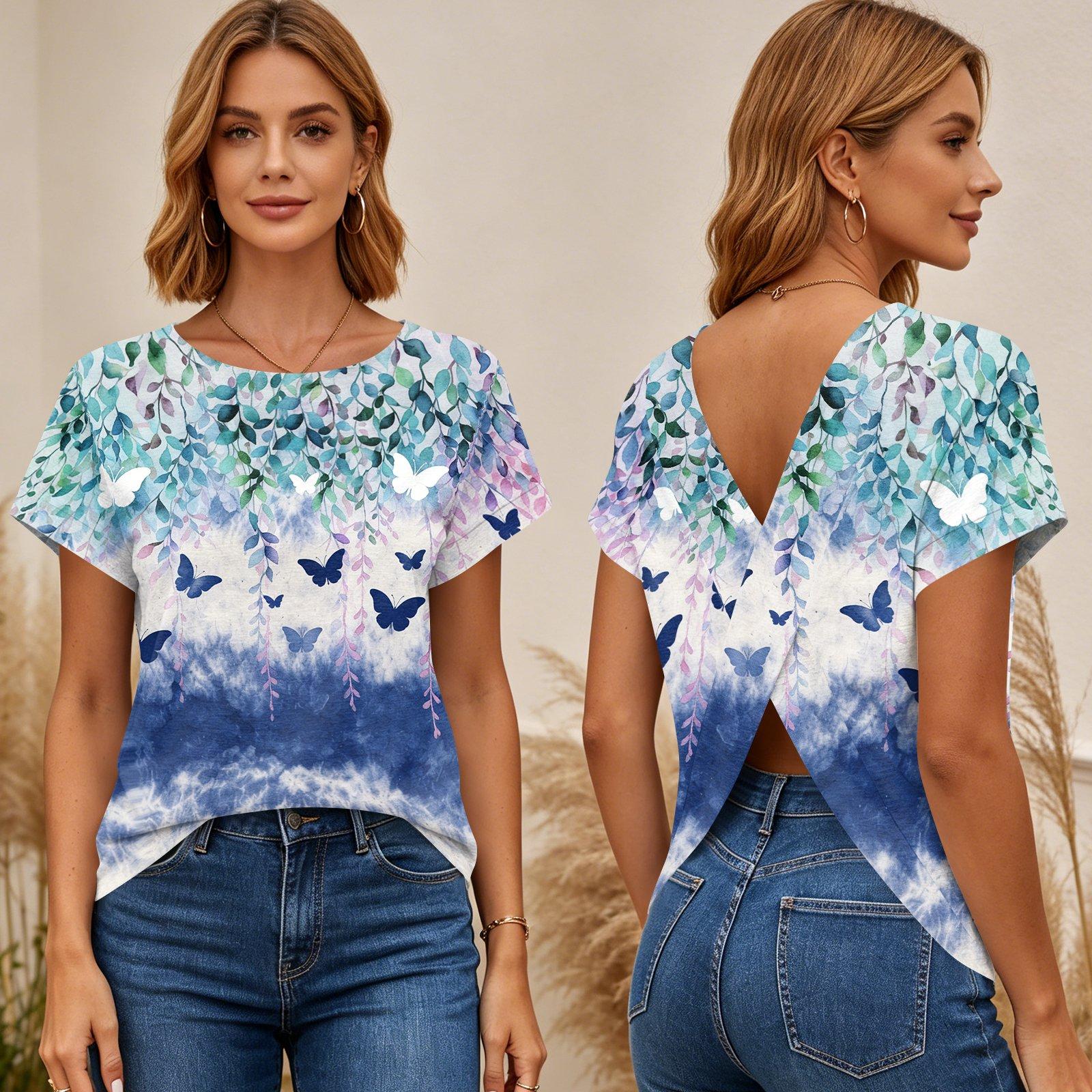 

Women s Short Sleeve Floral Print Cross Back T Shirt Top Summer Casual Lightweight Blouse with Open Back Design L