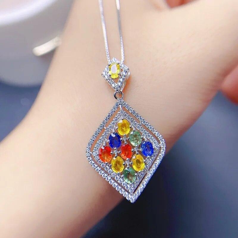 

Заложенное ожерелье из серебра 925 пробы с натуральным синим оранжевым желто-зеленым сапфиром для женщин с сертификатом