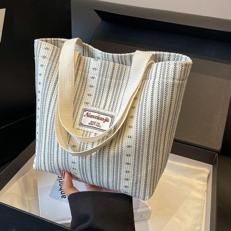 Ins Canvas Bag Women'S  Korean Style Casual Striped Handbag Large Capacity Class Commuting Shoulder Bag
