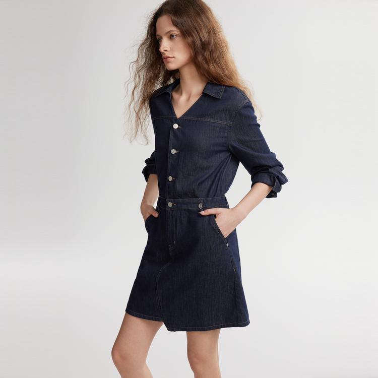 ELLE French Elegant Commuter Style Irregular Denim Skirt Vintage Lace-Up Long Sleeve Dress Women dresses Dark-Blue EL49300