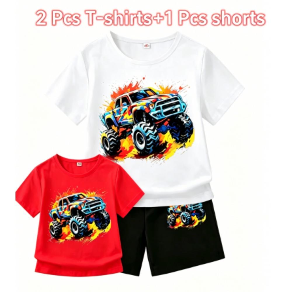 Cartoon Car Print Outdoor Street Kids T-shirt and Shorts Summer Home Casual Outfit Boy and Girl's Sports Set