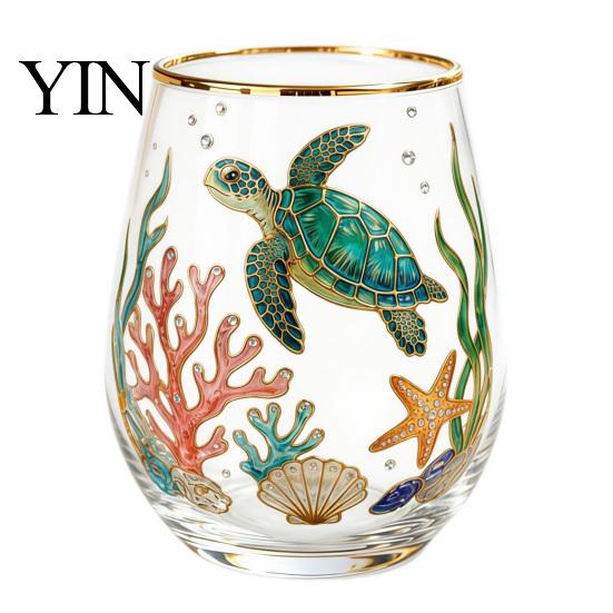 Handbemalter Glasbecher Handbemalter Tumbler, Eiförmig mit Goldrand, Klar Bleifrei Kerzenlicht Dinner Weinbecher für Tee Kaffee Saft Kalt