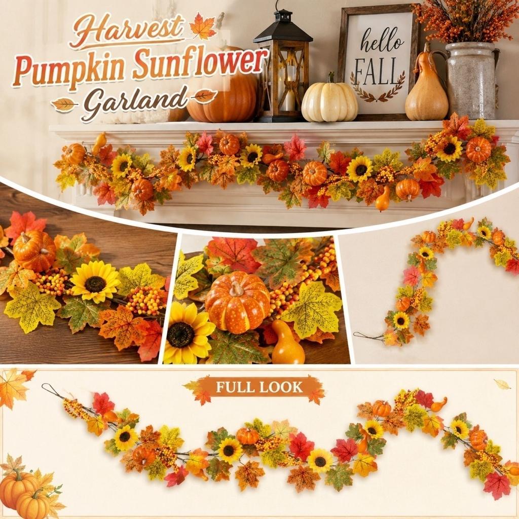 Artificial Pumpkin Sunflower Maple Leaf Garland for Autumn Harvest Festival Halloween Thanksgiving Indoor Outdoor Decor