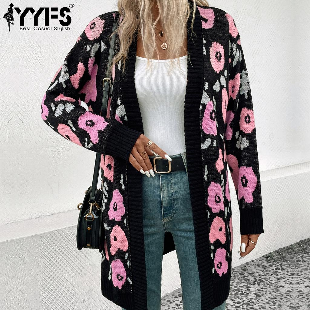YYFS Moda damska Casual Jesień Zima Kwiatowy wzór Nadruk Długie rękawy Kardigany