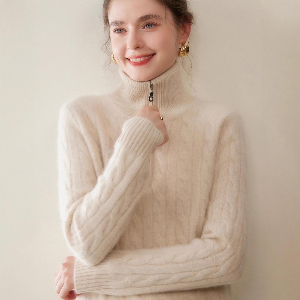 Women's Retro High-Neck Cashmere Sweater - Half-Zip, Loose-Fit for Autumn/Winter.