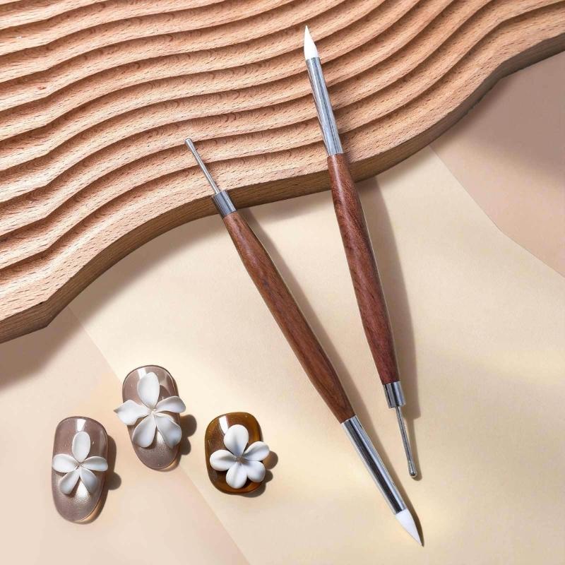 Natural Wood Handle Double Head Nail Art Pen Carving Tool for Comfortable Grip During Nail Design and Decoration