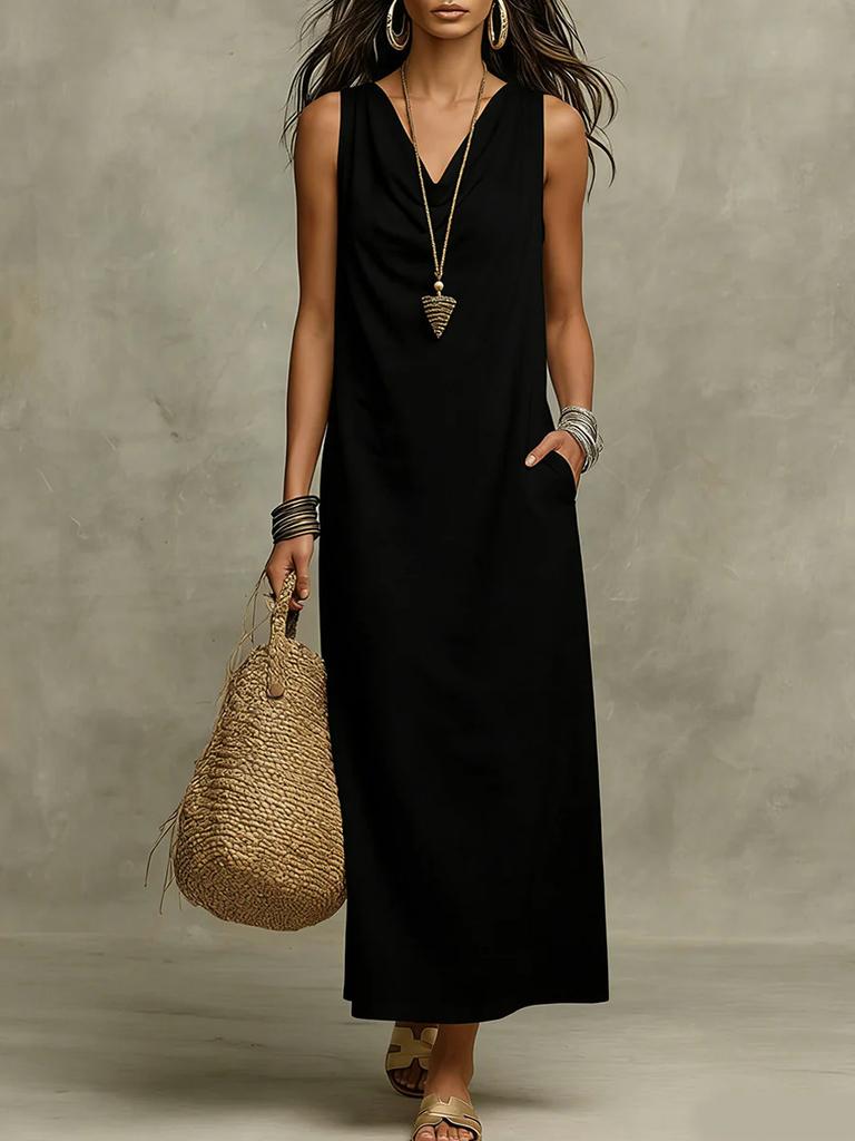 2026 new European and American cross-border Amazon bohemian cotton and linen loose fashion temperament V-neck sleeveless dress