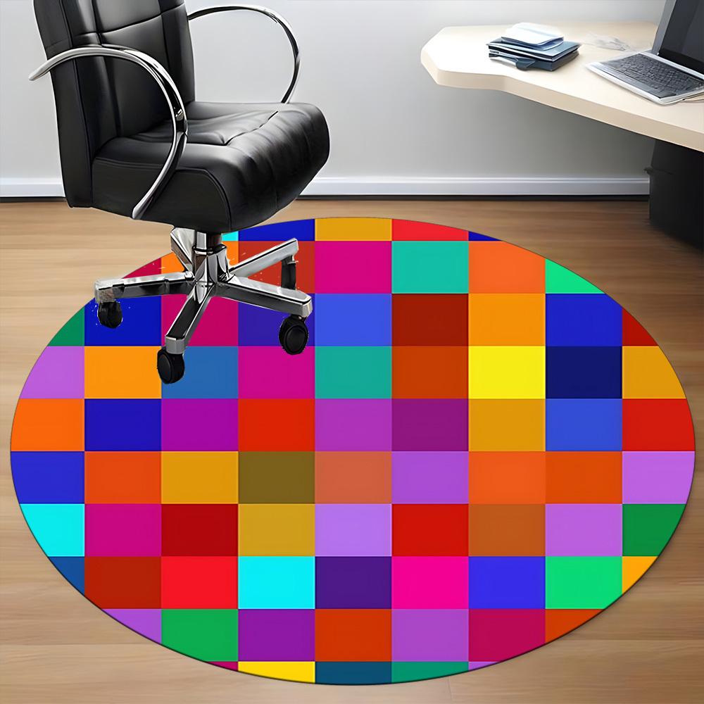 1pc Colorful Checkered Pattern Chair Carpet for Office, Round Polyester Mat, Indoor Decor for Office, Easycare Fabric, Washable Non-slip Area Carpet