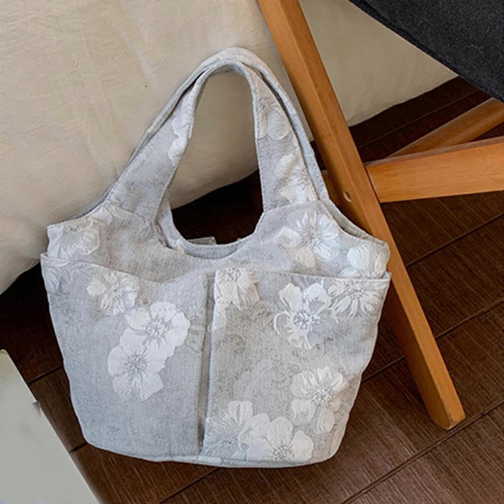 Functional Embroidered Carry Bag Soft Handag For Ladies Large Inside With Safe Magnetic Snap For Phone And Keys Gray