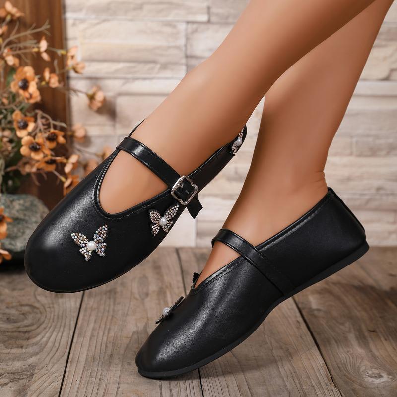 Flat Shoes Autumn New Round Toe Shallow Mouth Rhinestone Butterfly One Word Buckle Soft Sole Non-slip Single Shoes
