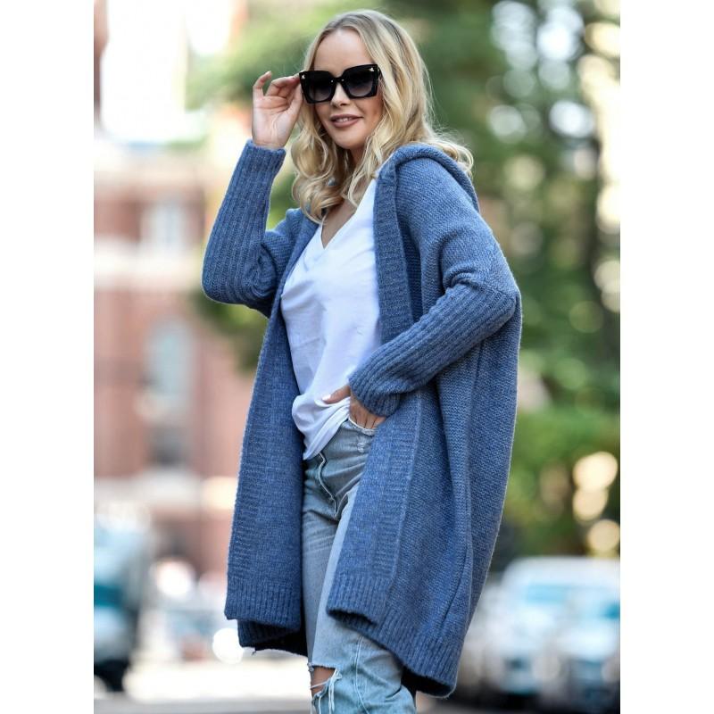 Pull en tricot à capuche chauve-souris surdimensionné pour femme 2026 Mélange d'acrylique doux Chic décontracté Tenue de bureau Longueur moyenne Ouverture sur le devant