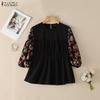 ZANZEA Women Casual Round Neck Loose Floral Print Splice 3/4 Sleeve Blouse