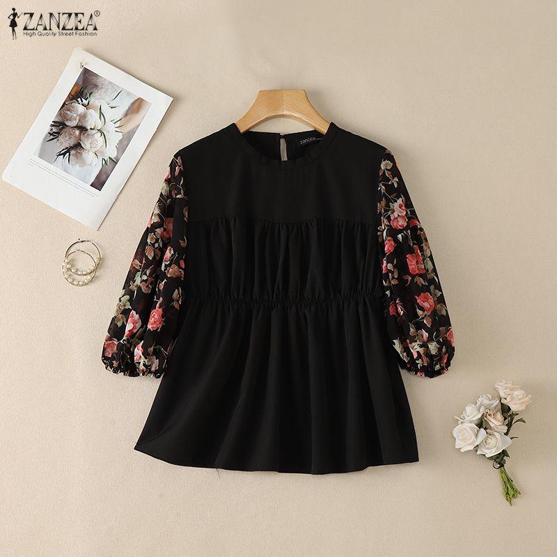 ZANZEA Women Casual Round Neck Loose Floral Print Splice 3/4 Sleeve Blouse