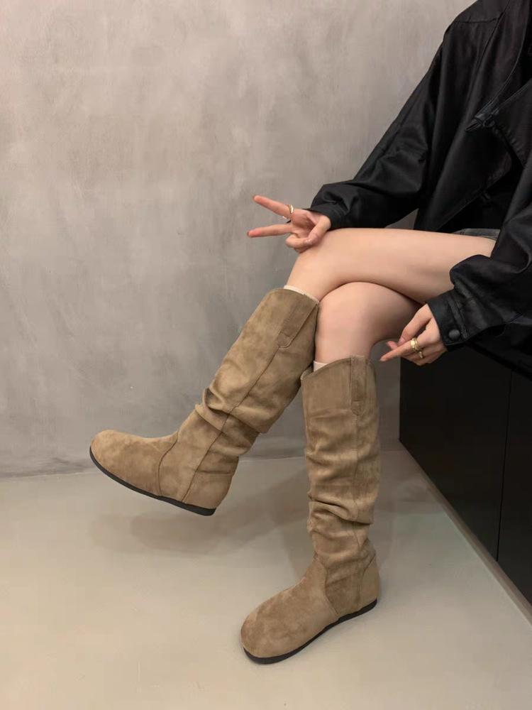 

Pile boots retro niche khaki boots French women s boots autumn and winter thick-soled high boots knight boots western boots 40
