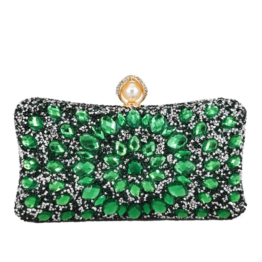 Boutique De FGG Pearl Clasp Colorful Rhinestone Handbags Women Crystal Clutch Evening Bags Wedding Party Dinner Bridal Purse Bag