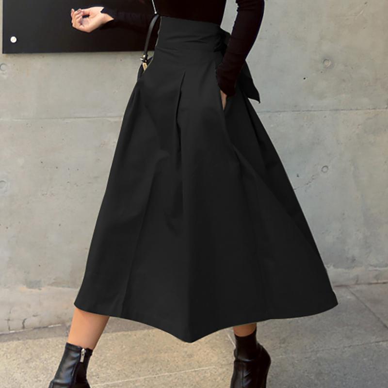 Faldas Mujer Moda Coreana Color Sólido Gran Oscilación Falda de Dama Falda Larga Otoño Salvaje Cintura Alta Lazo Faldas Ajustadas