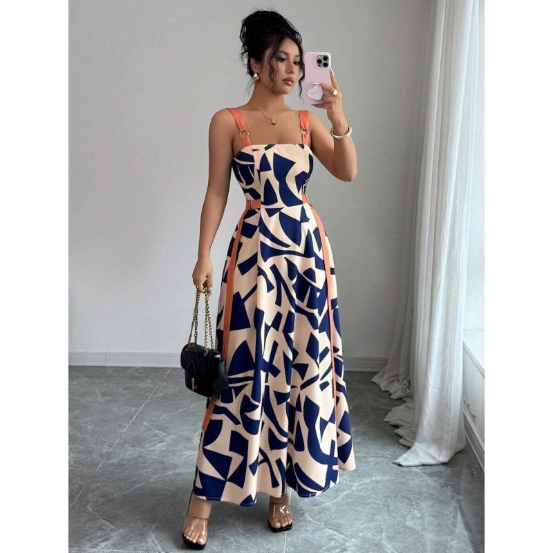 Europe, America 2026 summer new casual printing waist thin fashion temperament suspender dress S синий