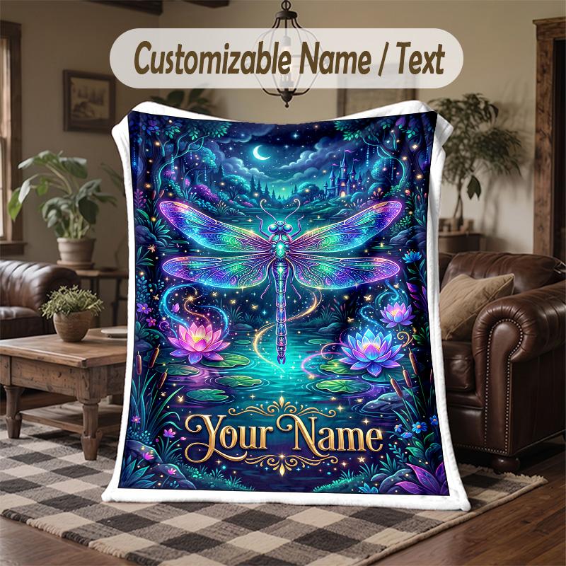 Dragonfly Garden Dream Theme Throw Blanket Custom Name Text Personalized Blanket Soft Cozy Blanket for Home Sofa Bed