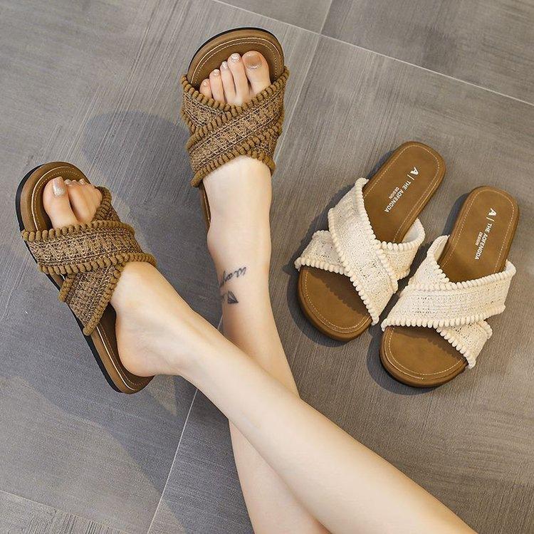Slippers dames uitgaan high-value platte zool gekruiste bandjes bohemien slippers damesschoenen vakantiewind strand coole slippers