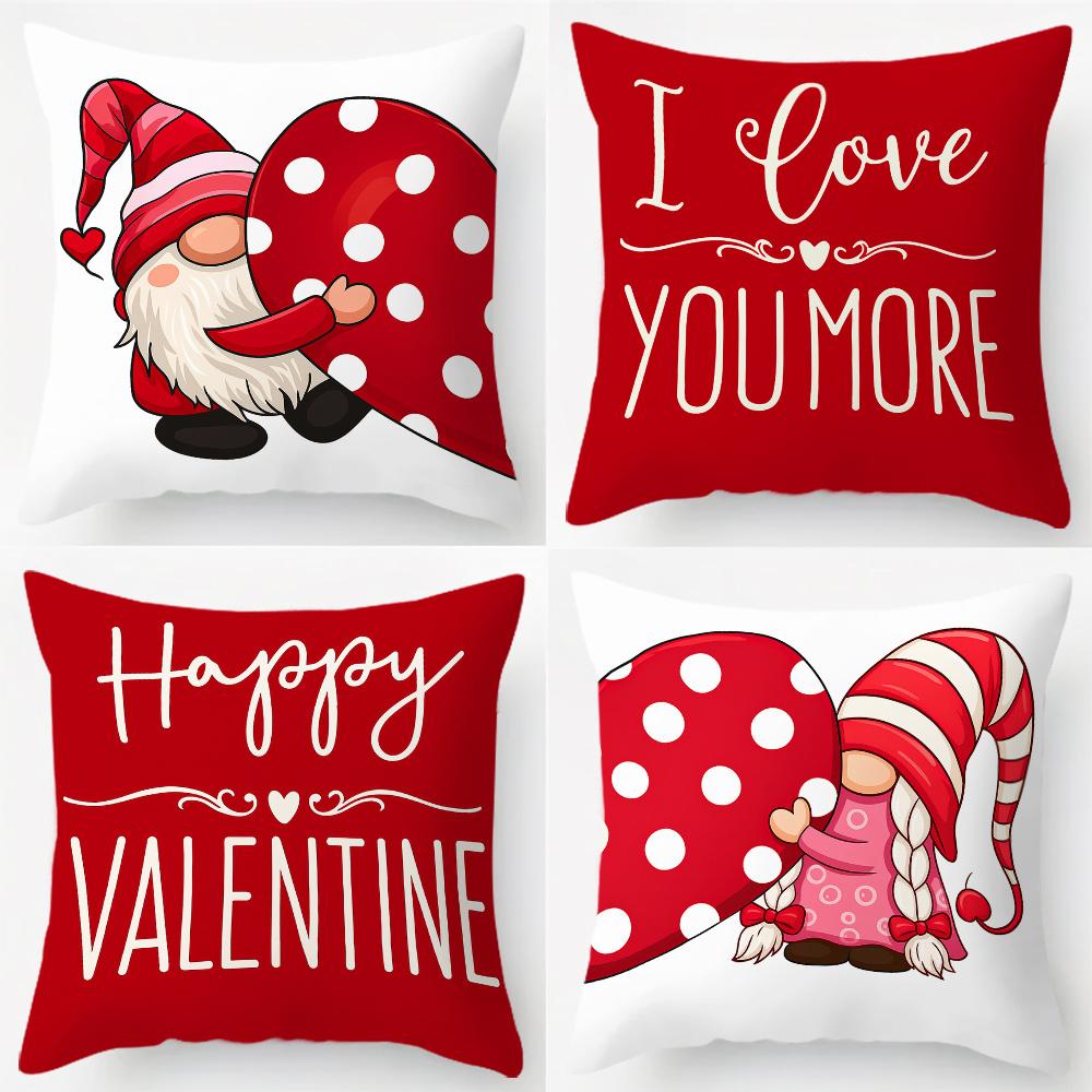 Vikama 4 Valentine'S Day Pillowcases, Heart And Gnome Designs, Machine Washable, Perfect For Home Sofa Decor