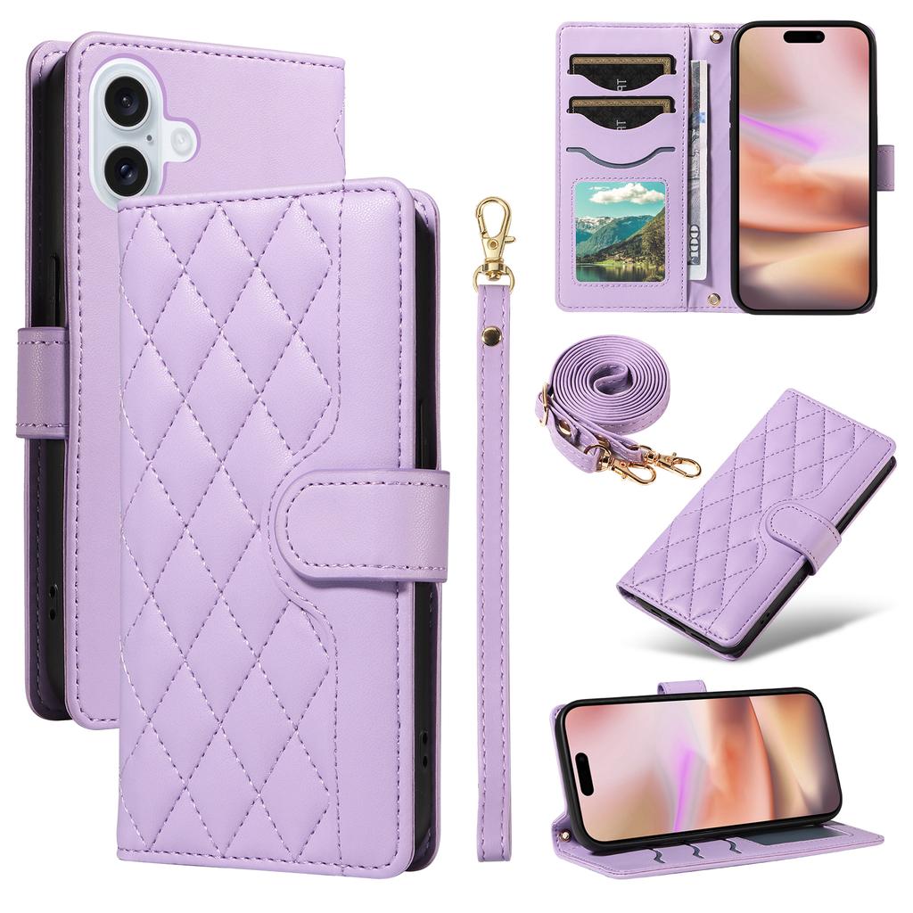 For iPhone 16 Plus Case Wallet Rhombus Leather Handbag Phone Cover with Shoulder Lanyard