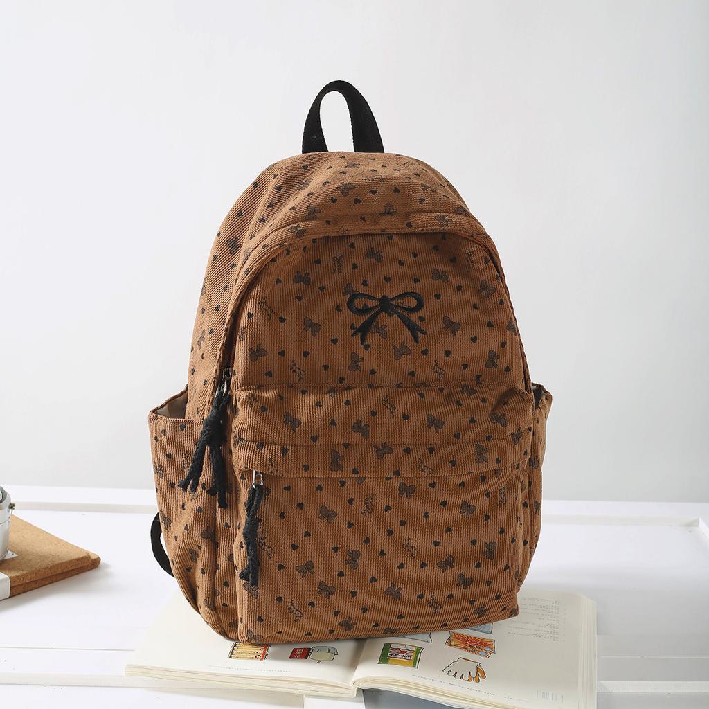 Schoolbag Velvet Backpack Women's High-value Bow Middle School Student Backpack Korean Corduroy Commuting Light Schoolbag
