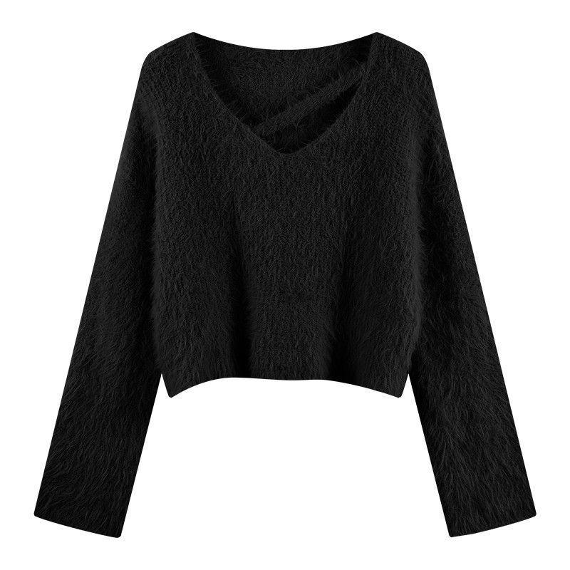 Trendy V-Neck Faux Mink Fur Sweater for Women - Autumn/Winter Cozy Knit Top