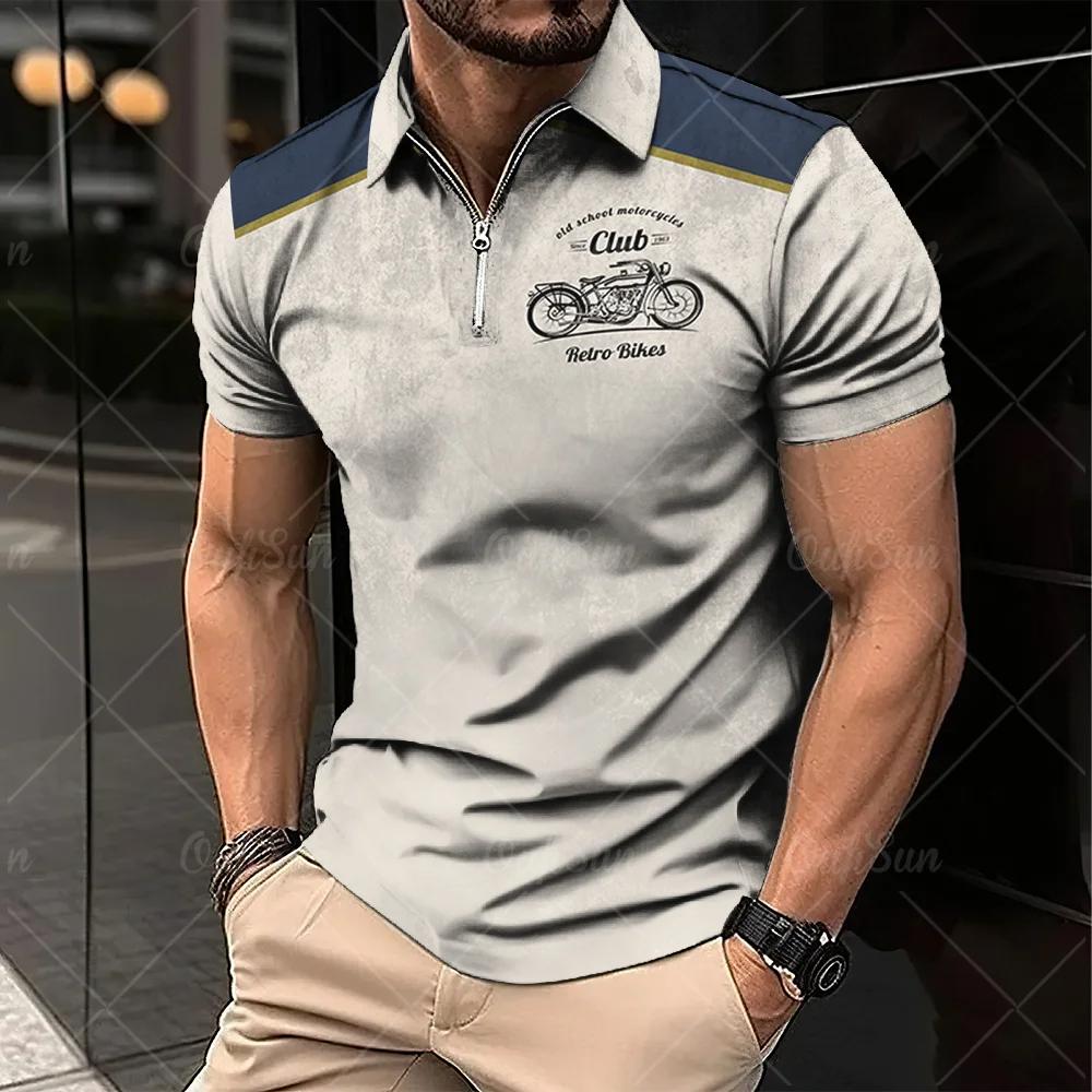 Men's retro short sleeved polo, classic lapel and half zipper polo, motorcycle pattern, large streetwear, summer