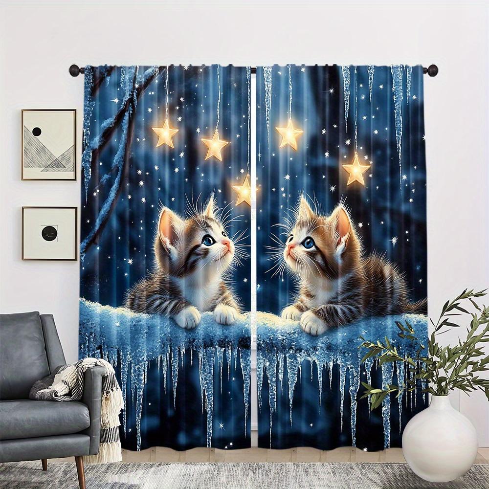 2 Pcs Starry Cats Curtains – 100% Polyester Light Filtering Modern Art Design for Bedroom Living Room Office Decor