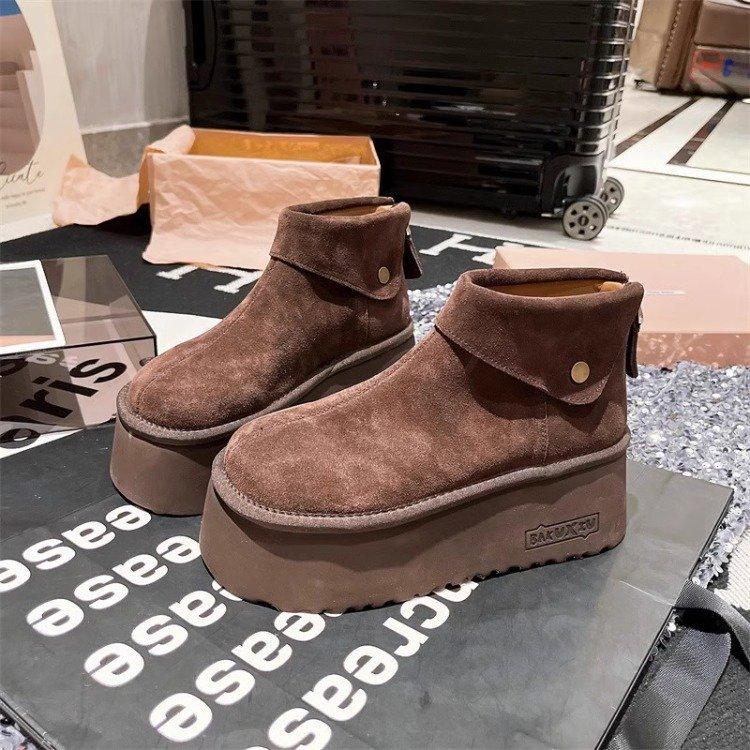

European Station Vintage Boken Shoes Frosted Leather Platform Muffin Small Man Super High Heel Snow Cotton Boots Short Boots Bread Shoes 40