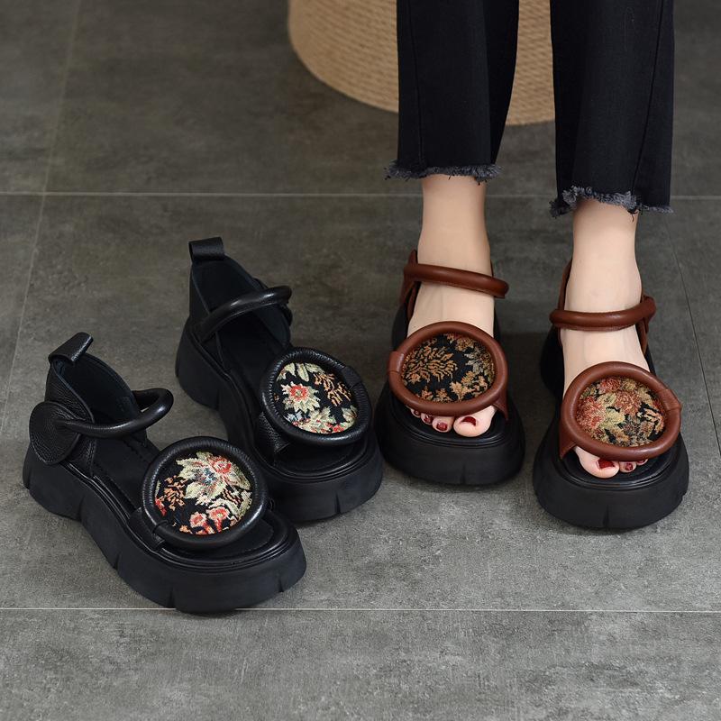 Fashion GKTINOO 2025 Summer New Versatile Genuine Leather Peep Toe Sandals Retro Comfortable Thick Soled Hook & Loop Women's Shoes