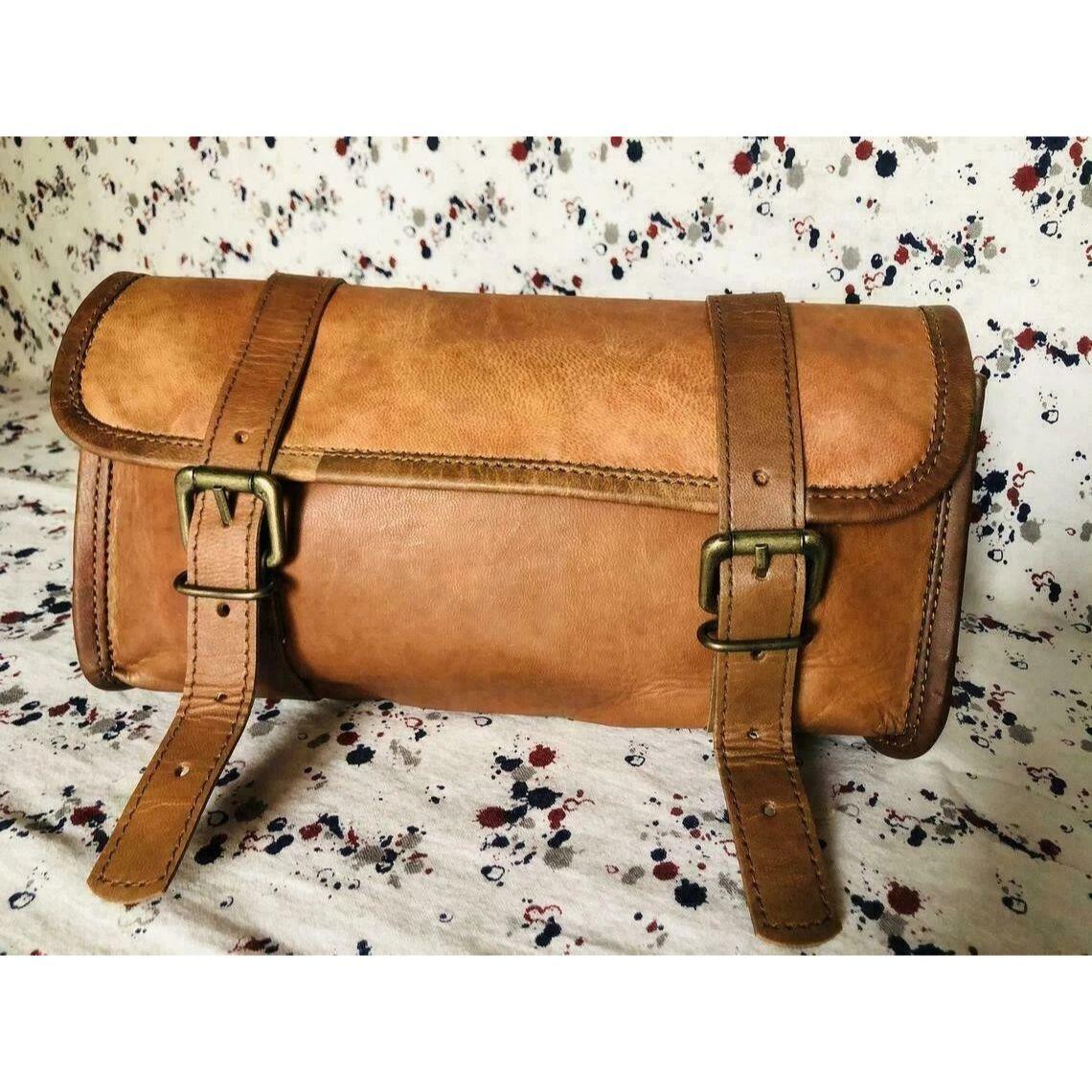 

Motorcycle Bag Tool Leather Pouch Goat Strap Buckle Closure Roll Saddle Vintage 9 x 5 x 4 in