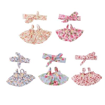 Doll Clothing Set with Flower Bowknot Hairband and Strappy Skirt for 17cm Plush Doll Display Dressingup Accessories