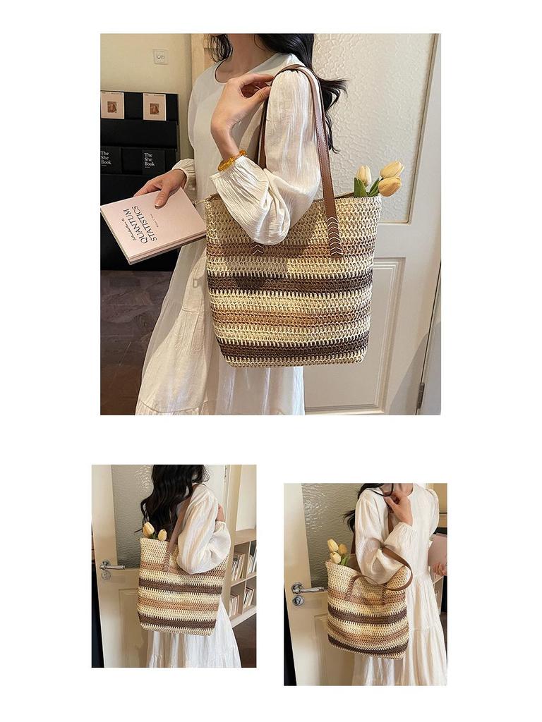 Bolsa de Palha Tecida com Listras Arco-Íris Feminina - 2026 Bolsa de Ombro de Grande Capacidade para Férias na Praia e Deslocamento