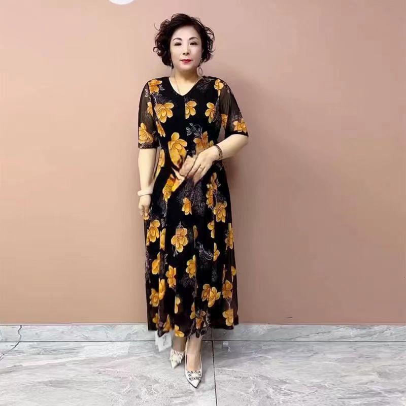 High-End Summer Women's Floral Dress   V-Neck Stretch Plus Size Dress   Slim Fit Long Dress