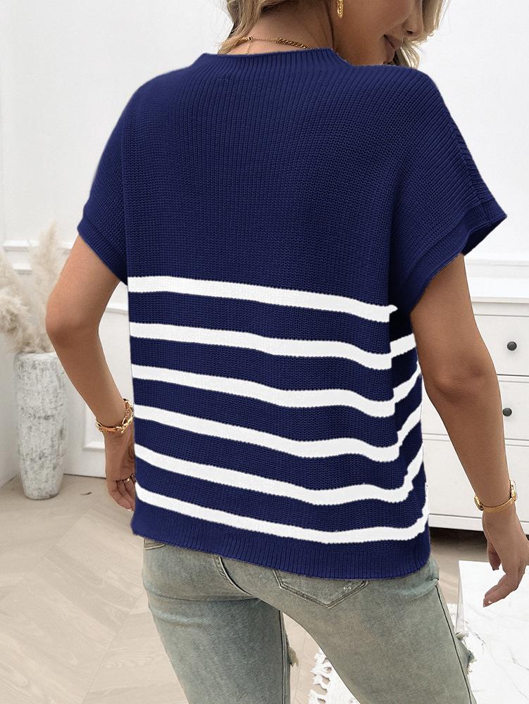 Women's Round Neck Striped Color Block Short Sleeve Sweater