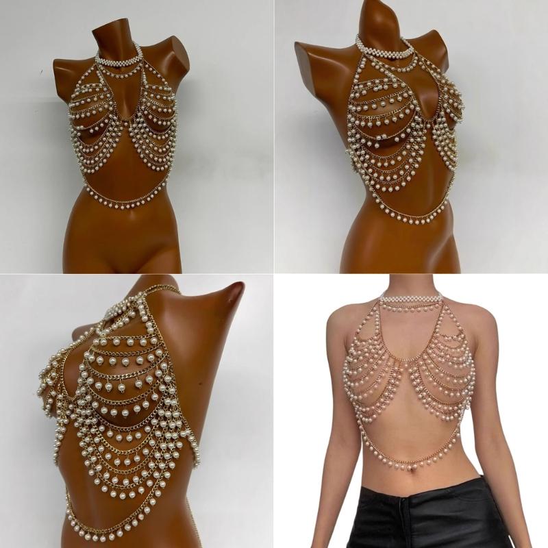 Multi Layer Pearls Beaded Halter Neck Bra Vest for Women Hollowed Chest Chain Body Jewelry Bralette Raves Party Clubwear